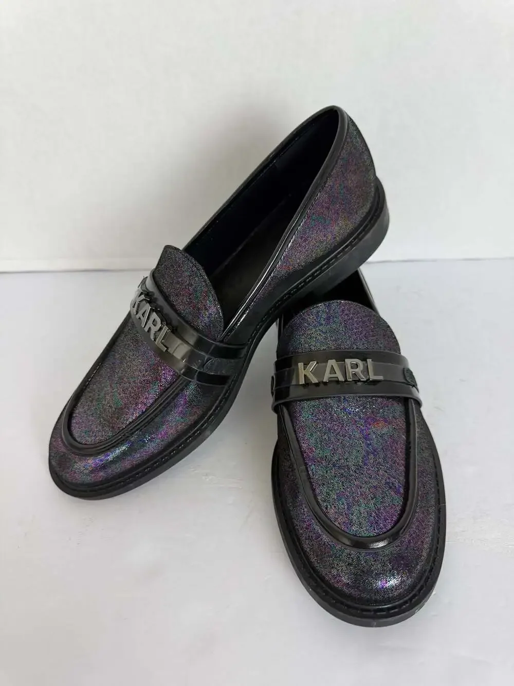 Karl Lagerfeld Paris Randall Iridescent Glitter Loafers with Metal Logo